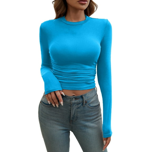 Long Sleeve Tops for Women! Comdrip Women's Long Sleeve Shirts Crew Neck Slim Fit Going Out Tops Basic Tees Barely There Womens Long Sleeve Tops Blue3 XS