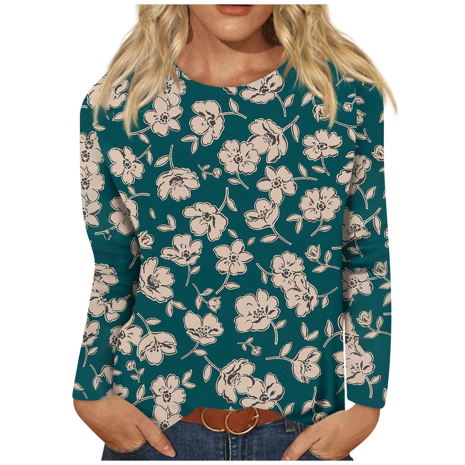 Long Sleeve Tops for Women Loose Fit Fall Floral Print Lightweight