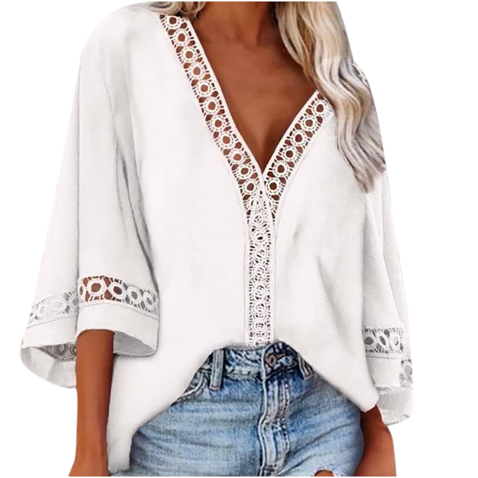 uhnmki Womens Blouse Casual Solid Lace Patchwork Blouses Loose