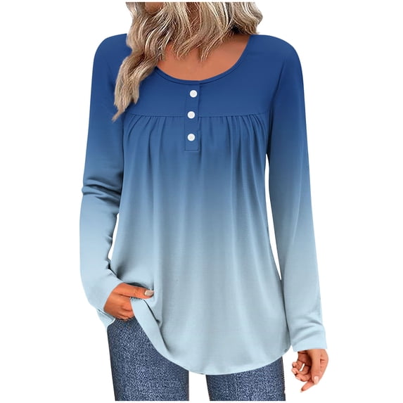 Long Sleeve Tops Women Plus Size Women's Gradual Long Sleeve Tops, Round Neck Button Relaxed Fits Tunic Top, Casual Pleated Versatile Basic Tee