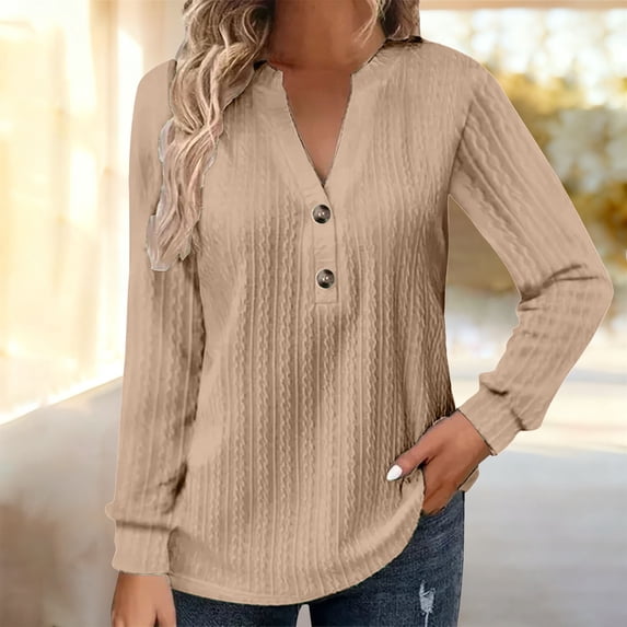 Long Sleeve Tops for Women V Neck Eyelet Shirts Button Down Baggy Shirts Cute Tops Oversized Shirts for Women Lightweight Casual Shirts for Women Henley Neck Loose Fit,Khaki,5XL