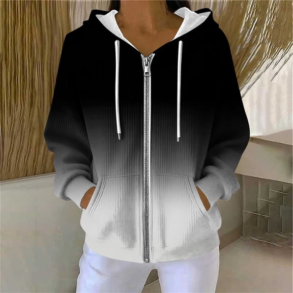 Long Sleeve Tops for Women Work New Women's Fashion Casual Printing Long Sleeve Pocket Hooded Pit Strip Zippered Pocket Sweatshirt Hoodie Coat Style B-7 Black S