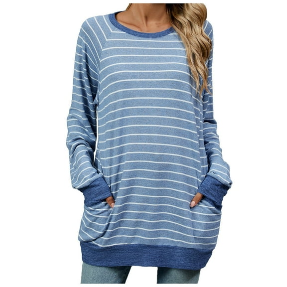 Long Sleeve Tops Womens 2025 Striped Color Block Shirt Round Neck Blouse Loose Fitting Casual T-Shirt Tops with Pockets,Light Blue,M
