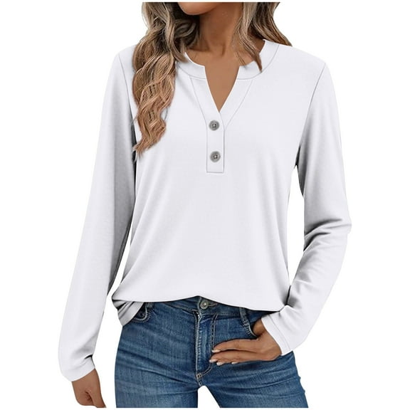 Long Sleeve Tops Womens Henley Dressy Tops Loose Casual Fall T-Shirts Trendy Cute Pullover Blouses, White M