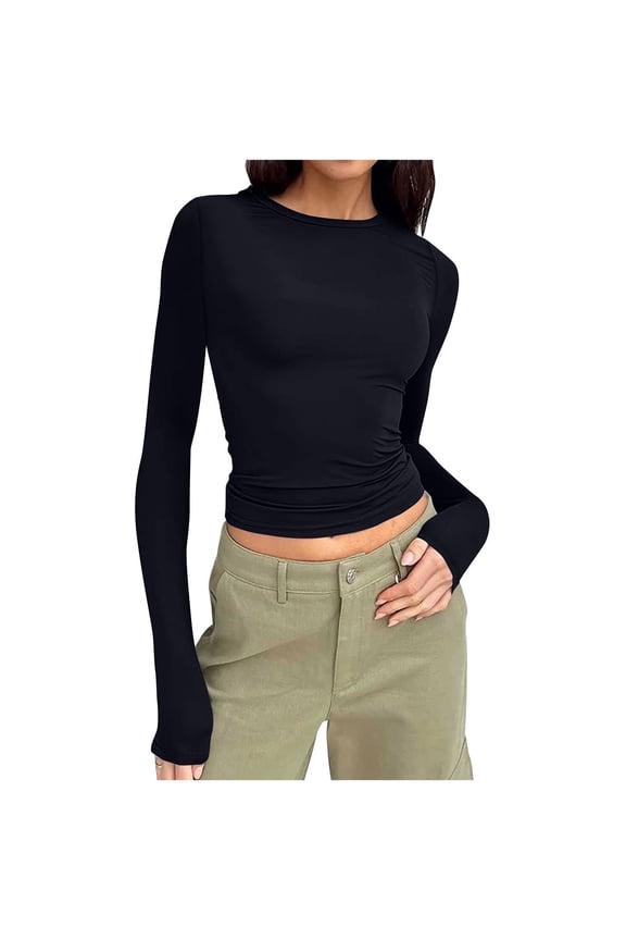 Long Sleeve Tops Womens Teens Juniors Slim Fit Crew Neck Fall Casual Base Crop Tee Blouses Solid Tshirts (L, Black)