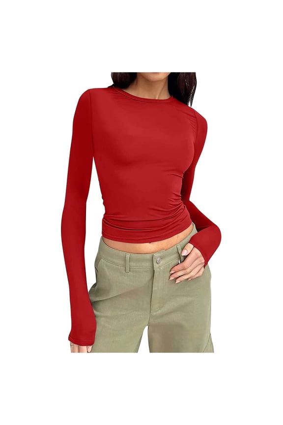 Long Sleeve Tops Womens Teens Juniors Slim Fit Crew Neck Fall Casual Base Crop Tee Blouses Solid Tshirts (S, Red)