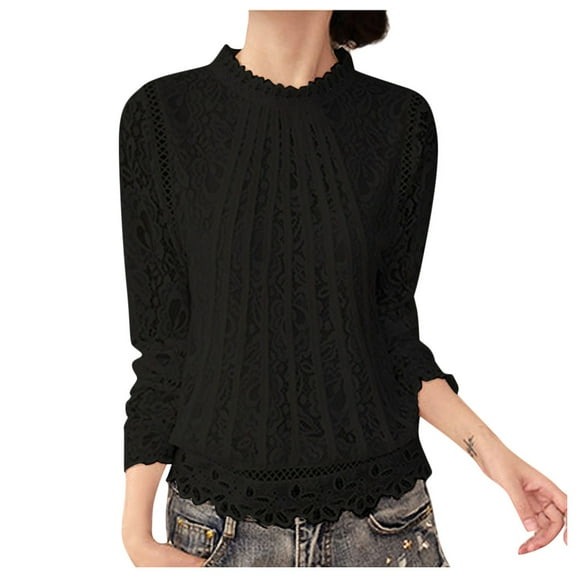 Long Sleeve Tops Womens Tops Dressy Casual Lace Long High Neck Blouse T-Shirt Ladies Loose Sleeve Autumn Pullover Women's Blouse