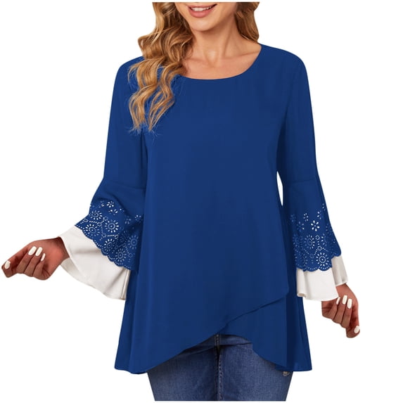 Long Sleeve Tops for Girls Sweatshirt Casual Pleated Waist Flared Long Sleeve Round Neck Top