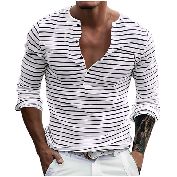 Long Sleeve Tops for Men Casual Fashion Striped T-shirts with Pocket Crewneck Henley Base Tees Spring Outfit (M, White)