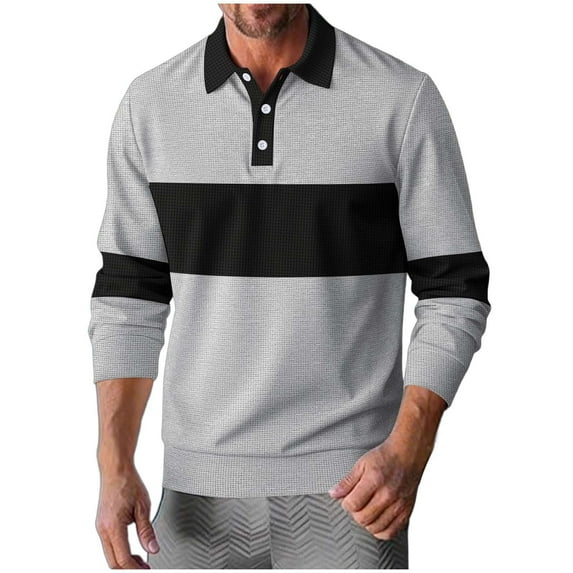 Long Sleeve Tops for Men Fall Trendy Clothes Casual Waffle Knit Sweatshirt Colorblock Button Polo-Collared Shirts (2XL, Gray)