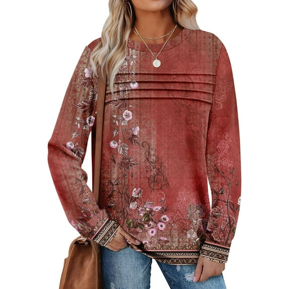 Long Sleeve Tops for Woman Dressy Casual Crew Neck Fall Fashion 2025 Plus Size Basic Tee Fitted Going Out Tops Shirt 06-Red L