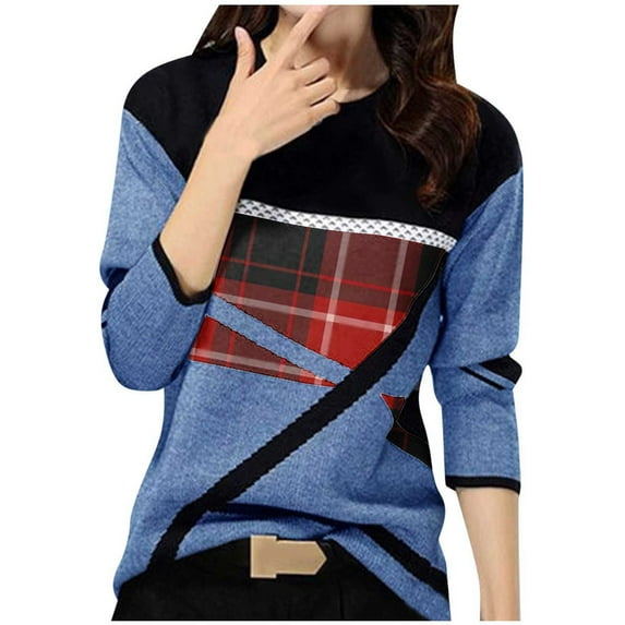 Long Sleeve Tops for Woman Trendy Crew Neck Color Block Cow Spotted Print Patchwork T Shirts Ladies Casual Pullover(Blue,S)