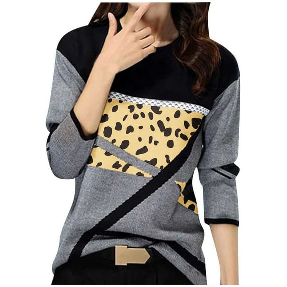 Long Sleeve Tops for Woman Trendy Crew Neck Color Block Cow Spotted Print Patchwork T Shirts Ladies Casual Pullover(Gray,M)