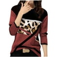 thumbnail image 1 of Long Sleeve Tops for Woman Trendy Crew Neck Color Block Cow Spotted Print Patchwork T Shirts Ladies Casual Pullover(Wine,XL), 1 of 4