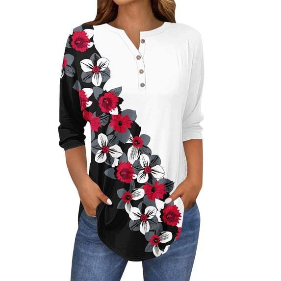 Long Sleeve Tops for Women 3/4 Sleeve Crewneck Casual Print T Shirt Womens Spring Tops