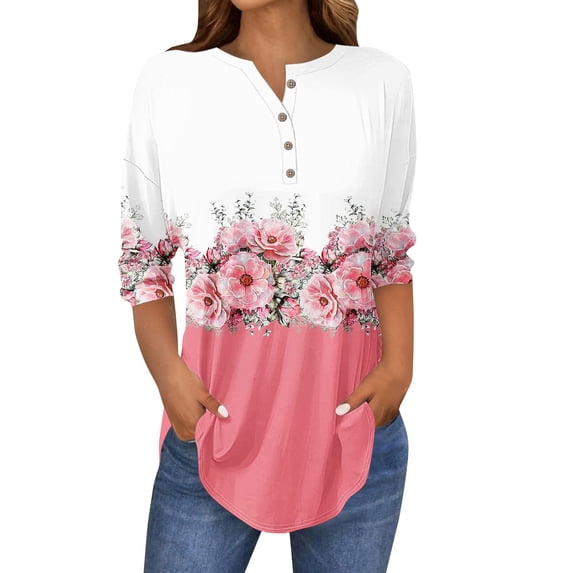 Long Sleeve Tops for Women 3/4 Sleeve Crewneck Casual Print T Shirt Womens Spring Tops