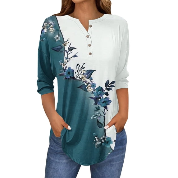 Long Sleeve Tops for Women 3/4 Sleeve Crewneck Casual Print T Shirt Womens Spring Tops