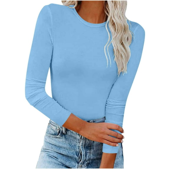 Long Sleeve Tops for Women Casual Slim Fit Crew Neck Basic Tee Shirts Solid Color Workout Fashion Plain Tshirts (XX-Large, Light Blue)