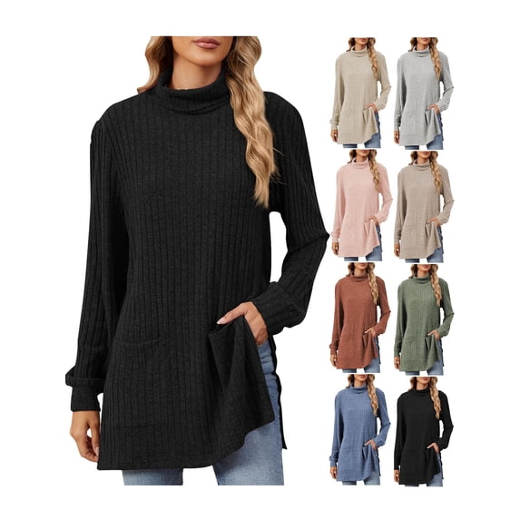 Long Sleeve Tops for Women Casual Turtleneck Pullover Fall Loose Tunic Lightweight Sweaters Knit Tops for Lady With Pocket Black S