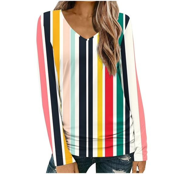 Long Sleeve Tops for Women Casual V Neck T-shirts with Graphic Print Loose Fit Tunic Tops Fall Spring Tees (3XL, Style 06)