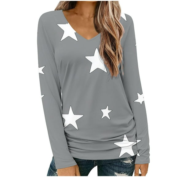 Long Sleeve Tops for Women Casual V Neck T-shirts with Graphic Print Loose Fit Tunic Tops Fall Spring Tees (L, Gray)