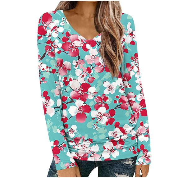 Long Sleeve Tops for Women Casual V Neck T-shirts with Graphic Print Loose Fit Tunic Tops Fall Spring Tees (S, Style 12)