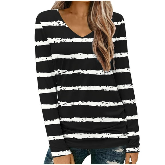 Long Sleeve Tops for Women Casual V Neck T-shirts with Graphic Print Loose Fit Tunic Tops Fall Spring Tees (XL, Black 01)