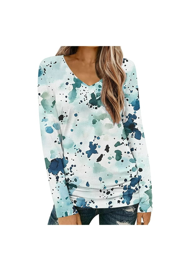 Long Sleeve Tops for Women Casual V Neck T-shirts with Graphic Print Loose Fit Tunic Tops Fall Spring Tees (XL, Green 02)