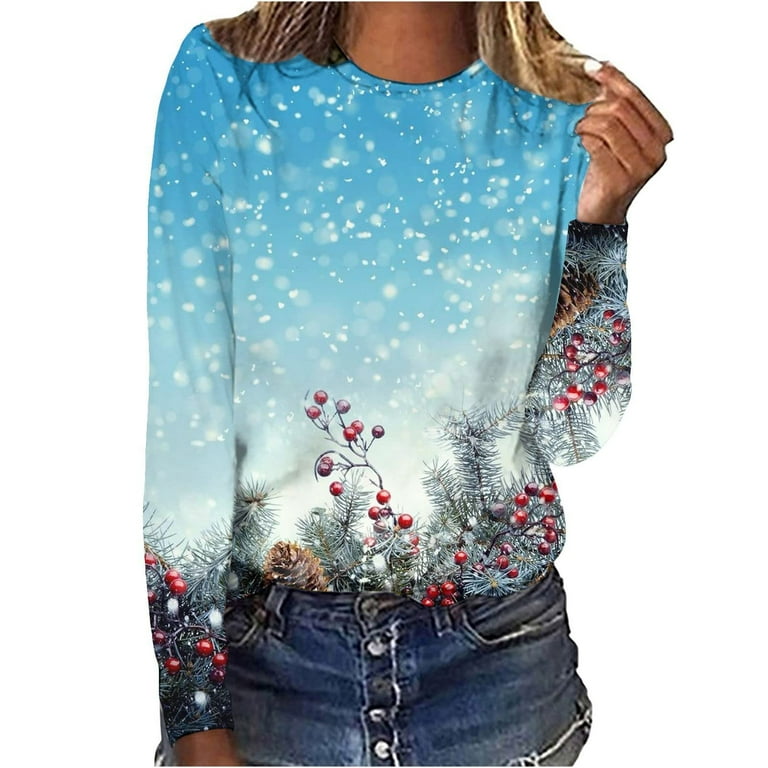 Long Sleeve Tops for Women Crewneck Christmas T Shirt Snowflake Printing Pullover Casual Holiday Vintage Fall Shirt Light Blue Large Walmart