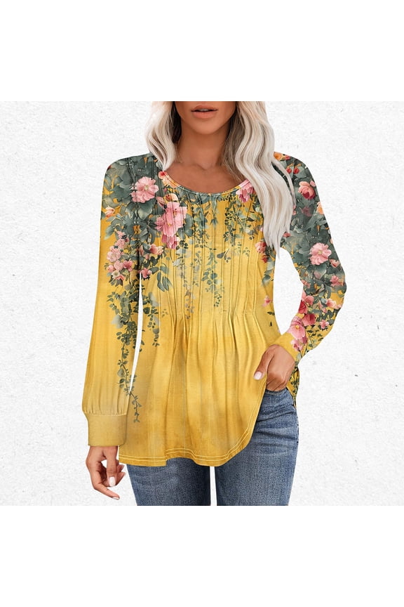Long Sleeve Tops for Women Cropped Long Sleeve Blouses for Women Business Casual Pleated Round Neck Top Print Long Sleeved shirt