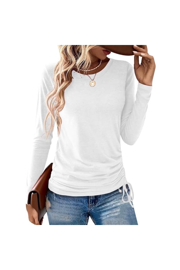 Long Sleeve Tops for Women Dressy Drawstring Ruched Side Loose Crew Neck T-Shirts Comfy Business Casual Tunic Blouss