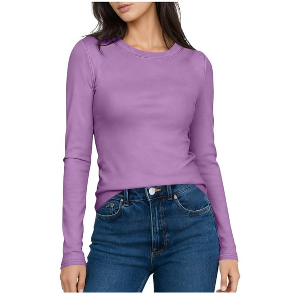 Long Sleeve Tops for Women Fitted Soft Velvet Cotton Base Layer Solid Crew Neck Fall Winter Thermal Tee Shirt (L, Purple)