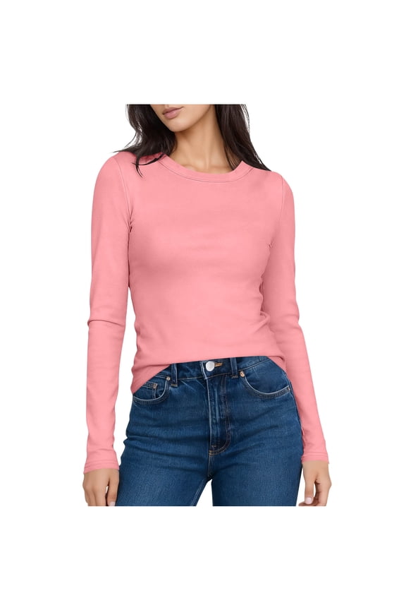 Long Sleeve Tops for Women Fitted Soft Velvet Cotton Base Layer Solid Crew Neck Fall Winter Thermal Tee Shirt (M, Pink)