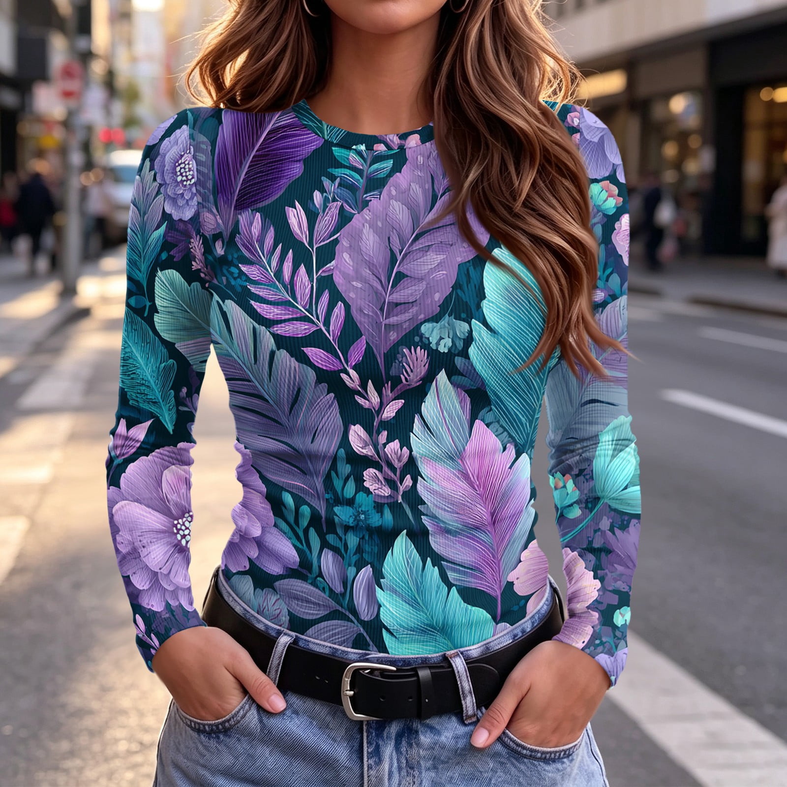 Long Sleeve Tops for Women Going Out Slim Fit Ribbed Retro Floral Print ...