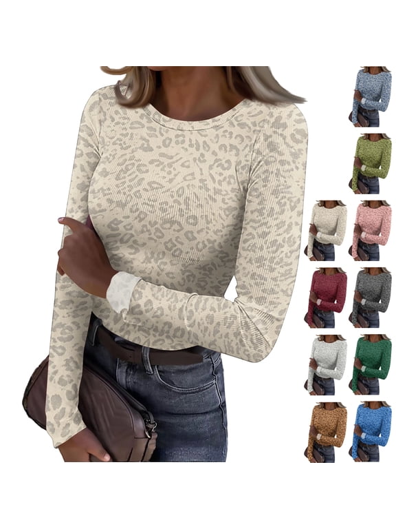 Long Sleeve Tops for Women Leopard Print Ribbed Slim Fit Cheetah Crew Neck Casual Underwear Tops Fashion Undershirts Khaki M