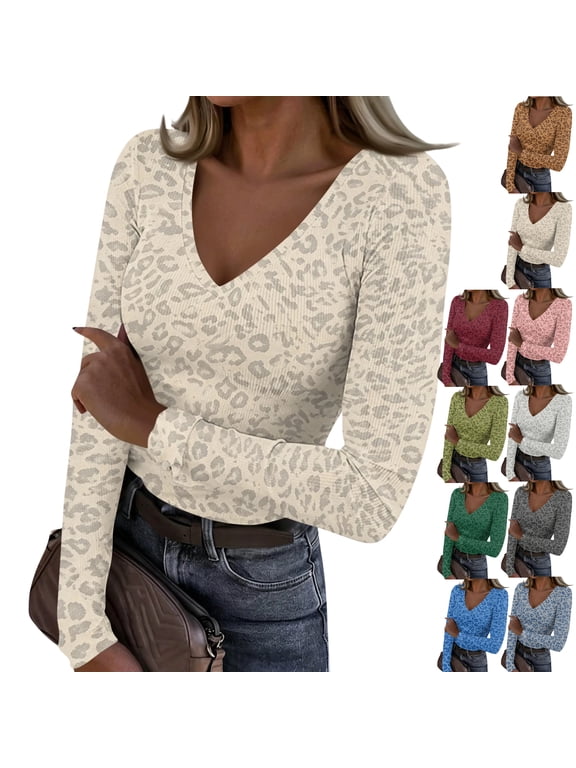 Long Sleeve Tops for Women Leopard Print Ribbed Slim Fit Cheetah V Neck Going Out Tops Trendy Undershirts M