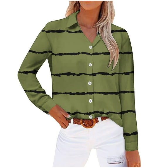 Long Sleeve Tops for Women Long Sleeve Lapel Collar Button Up L Loose Striped Printed Color Block Casual Shirt Tops,Army Green,2XL