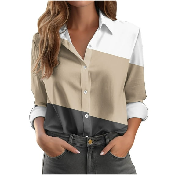 Long Sleeve Tops for Women Long Sleeve Lapel Collar Button Up L Loose Striped Printed Color Block Casual Shirt Tops,Khaki 1,XL