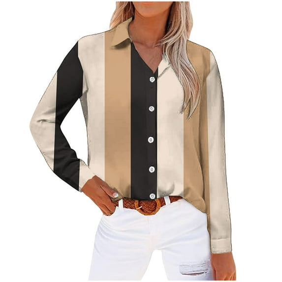Long Sleeve Tops for Women Long Sleeve Lapel Collar Button Up L Loose Striped Printed Color Block Casual Shirt Tops,Khaki 2,S