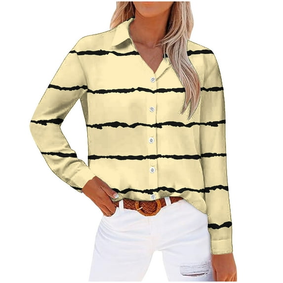 Long Sleeve Tops for Women Long Sleeve Lapel Collar Button Up L Loose Striped Printed Color Block Casual Shirt Tops,Yellow 3,XL