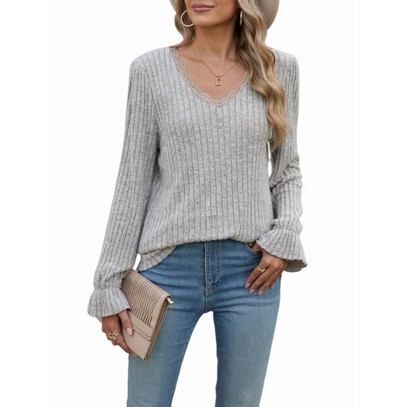 Long Sleeve Tops for Women Loose Fit Dressy Lace V Neck Casual Trendy Tops to Wear with Leggings Fall Fashion