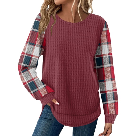 Long Sleeve Tops for Women Loose Fit Dressy Waffle Knit Shirts Trendy Fall Fashion Crewneck Curved Hem Sweaters Wine L
