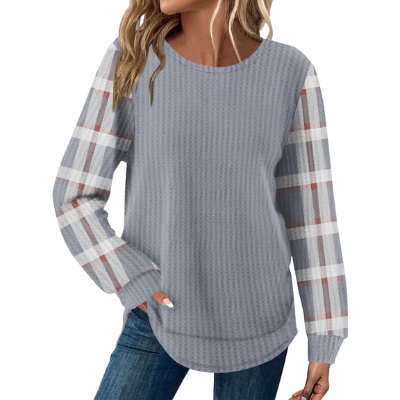 Long Sleeve Tops for Women Loose Fit Dressy Waffle Knit Shirts Trendy Fall Fashion Crewneck Sweaters Curved Hem Light Gray 2XL