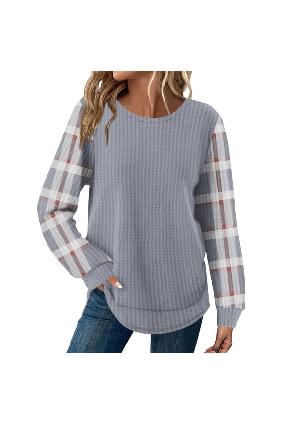 Long Sleeve Tops for Women Loose Fit Dressy Waffle Knit Shirts Trendy Fall Fashion Crewneck Sweaters Curved Hem Light Gray L