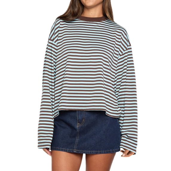 Long Sleeve Tops for Women Loose Fitting Tops Thin Boat Neck Top Crewneck Basic T-shirts Lightweight Relaxed-fit Striped Top Business Work Tee