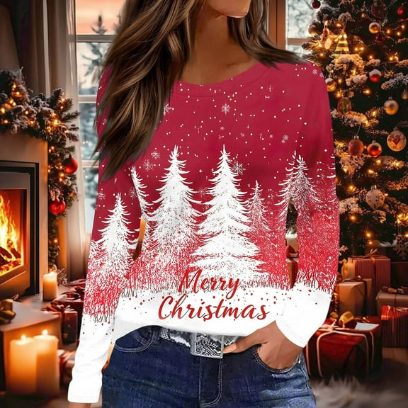 Long Sleeve Tops for Women Plus Size Casual Crewneck Christmas Tees Holiday Party Style Comfort Fit Loose Casual Blouse