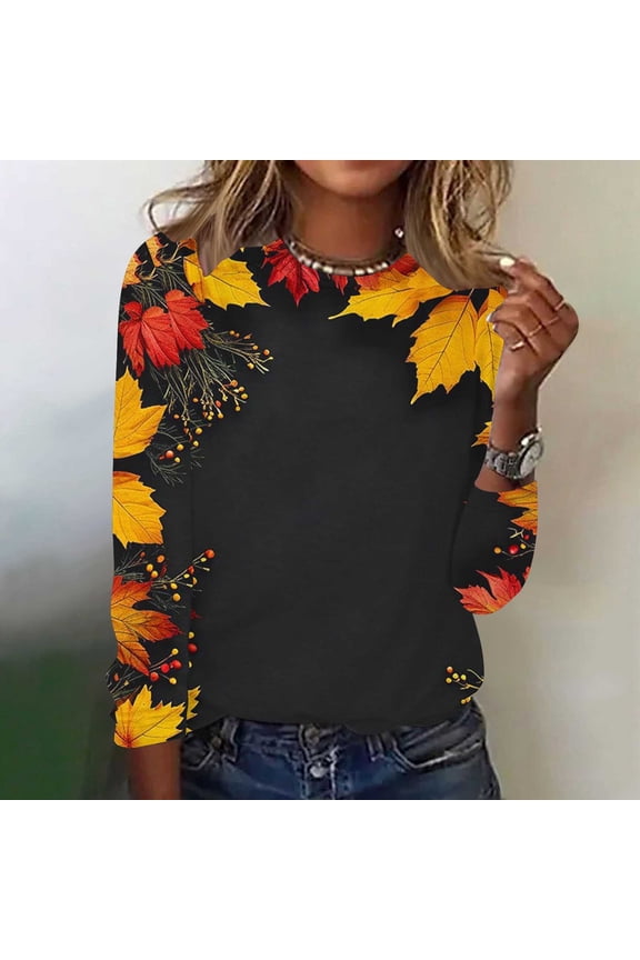 Long Sleeve Tops for Women Plus Size Crewneck Maple Leaf Print Fall Tops for Women Outdoor Streetwear Casual Comfy Womens Blouses