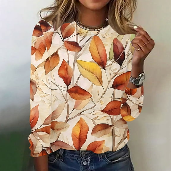 Long Sleeve Tops for Women Plus Size Crewneck Maple Leaf Print Fall Tops for Women Outdoor Streetwear Casual Comfy Womens Blouses