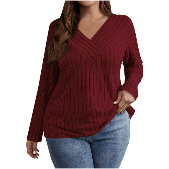 Long Sleeve Tops for Women Plus Size Solid Color Long Sleeved V Neck Knitted T Shirt Casual Top