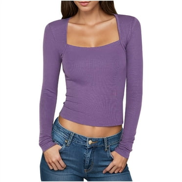 Long Sleeve Tops for Women Ribbed Slimming Tops Casual Basic Tees Shirt Stretch Square Neck Pullover Blouses, Purple, S